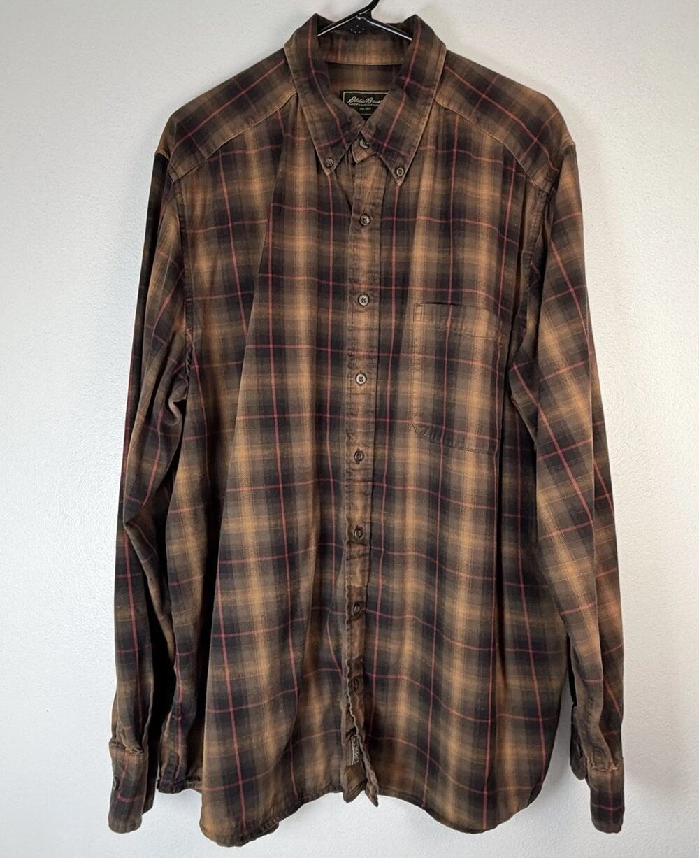 Eddie Bauer Brown Plaid Long Sleeve Button Down Flannel Shirt Size Tall XL